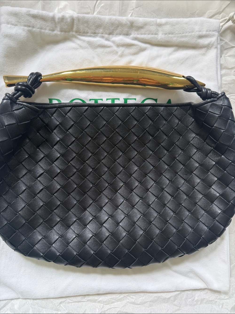 Bottega Veneta Black “Sardine” Intrecciato Leather Clutch with Gold Handle